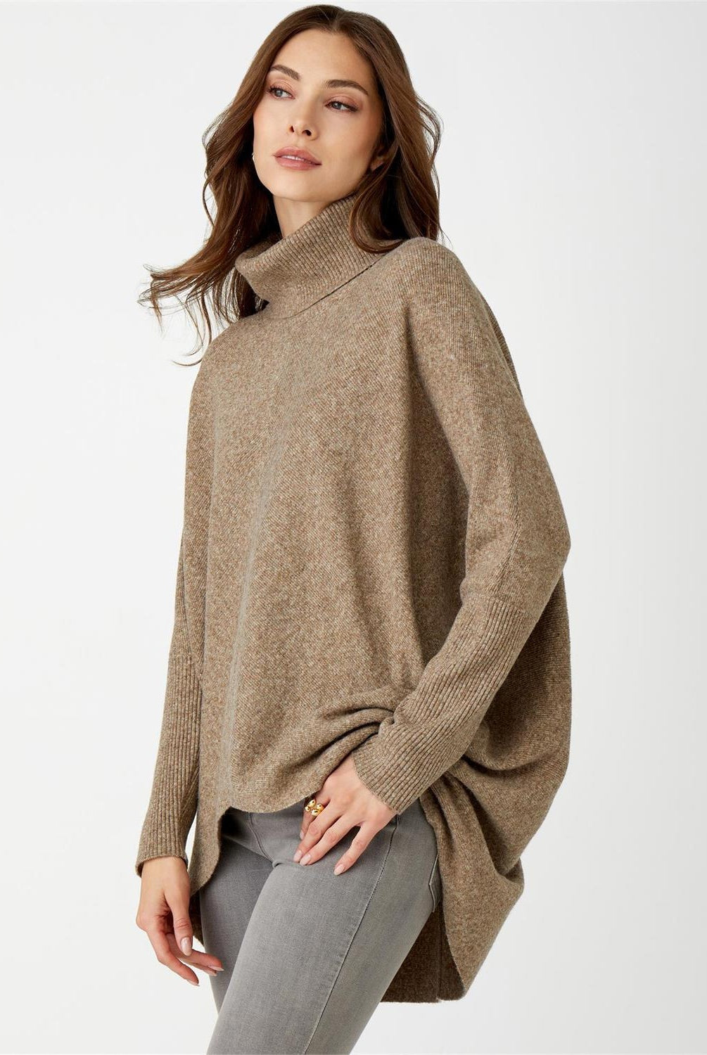 High Low Tunic Sweater, Brown Melange