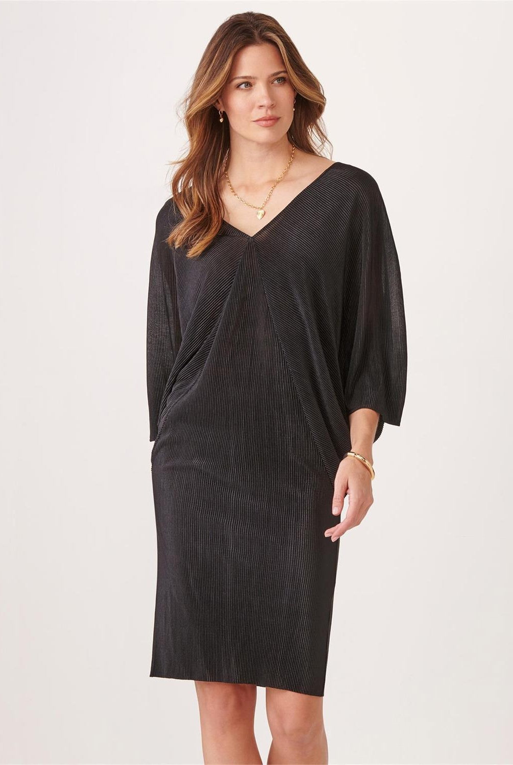 Batwing Pleated Dress, Black