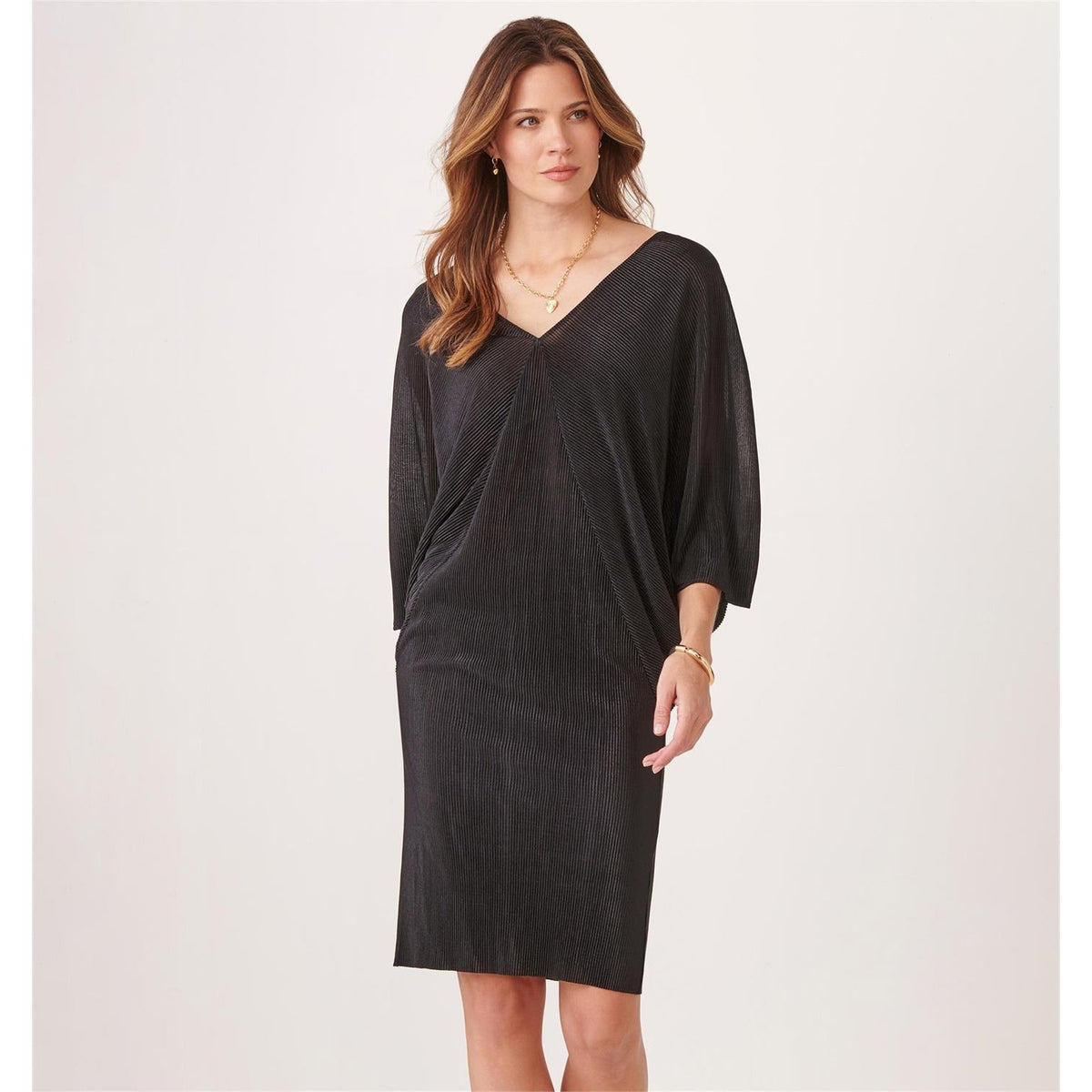 Batwing Pleated Dress, Black