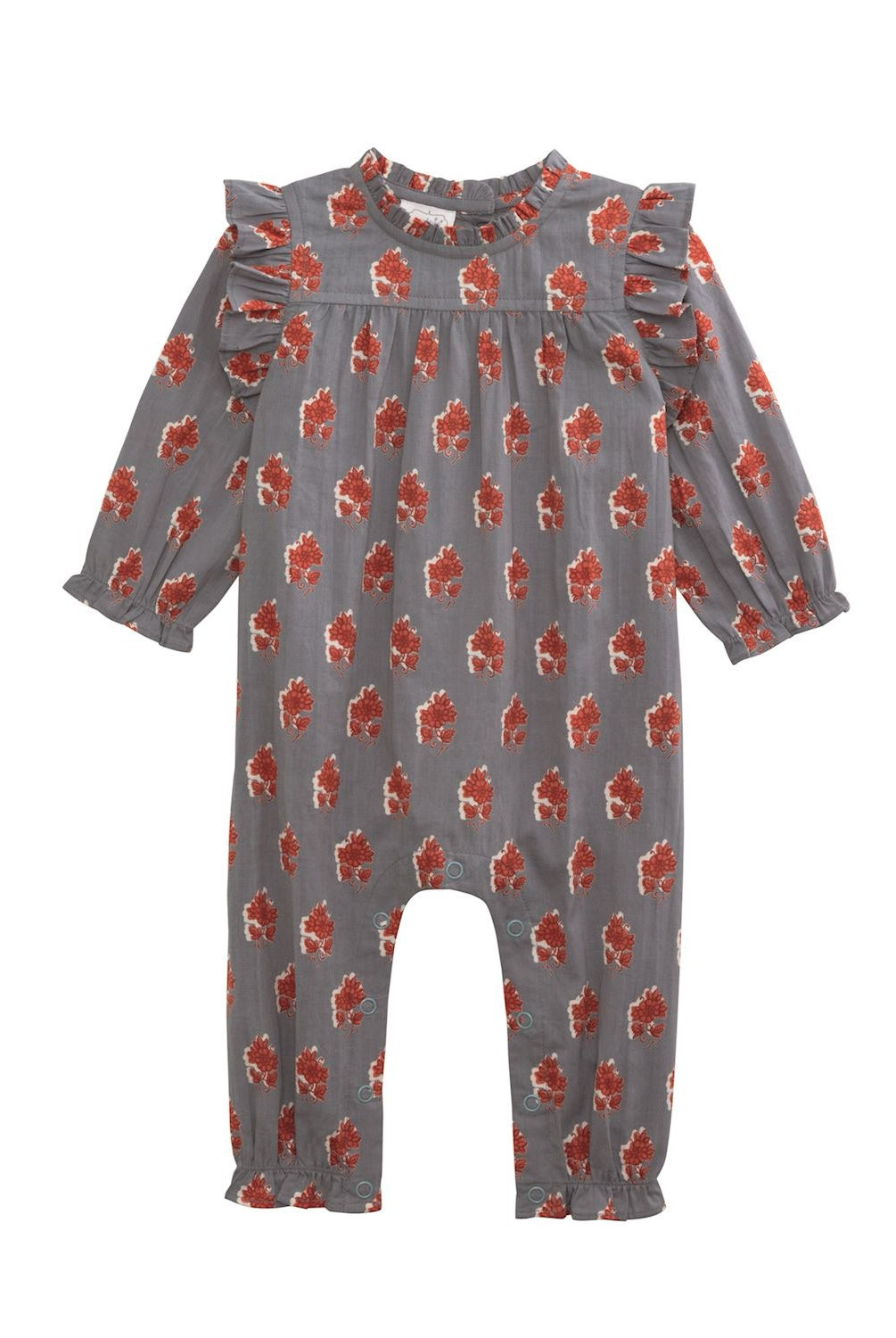 Gray long-sleeve baby romper with an orange floral print, ruffled shoulders, and snap closures along the legs.