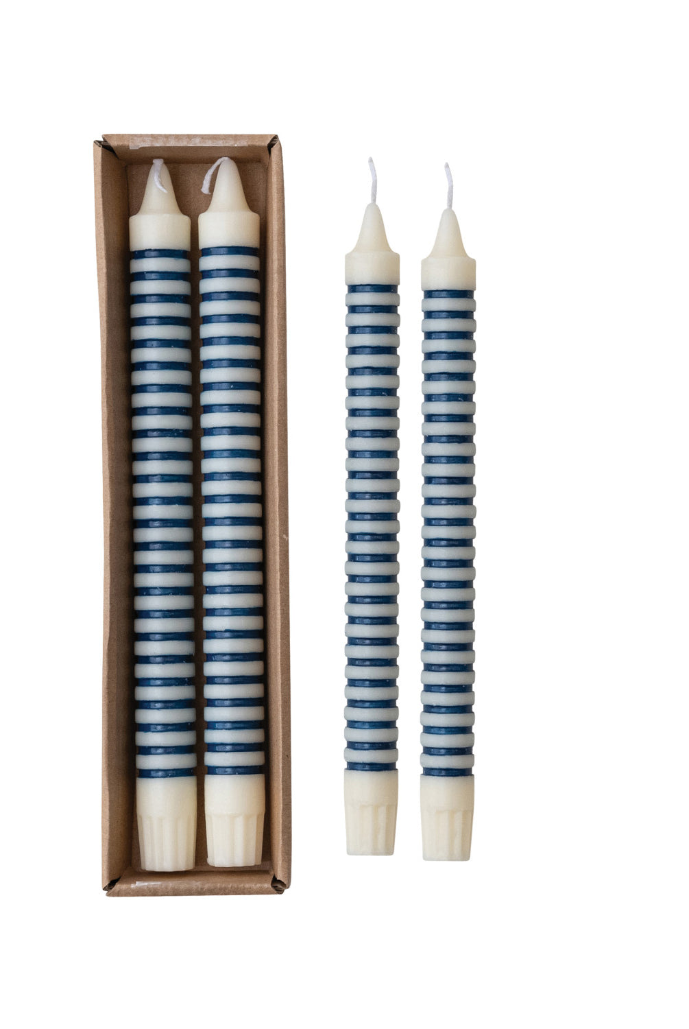 Unscented Striped Taper Candles in Box, Blue, Set of 2 (Est. Burn Time 6 Hours)