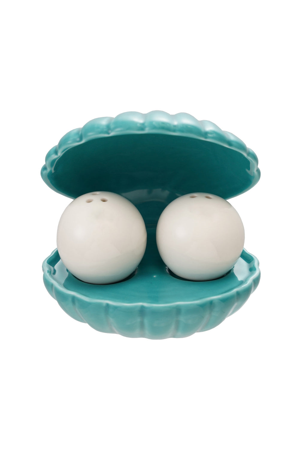 Stoneware Salt & Pepper Shakers with Shell Shaped Holder, Set of 3