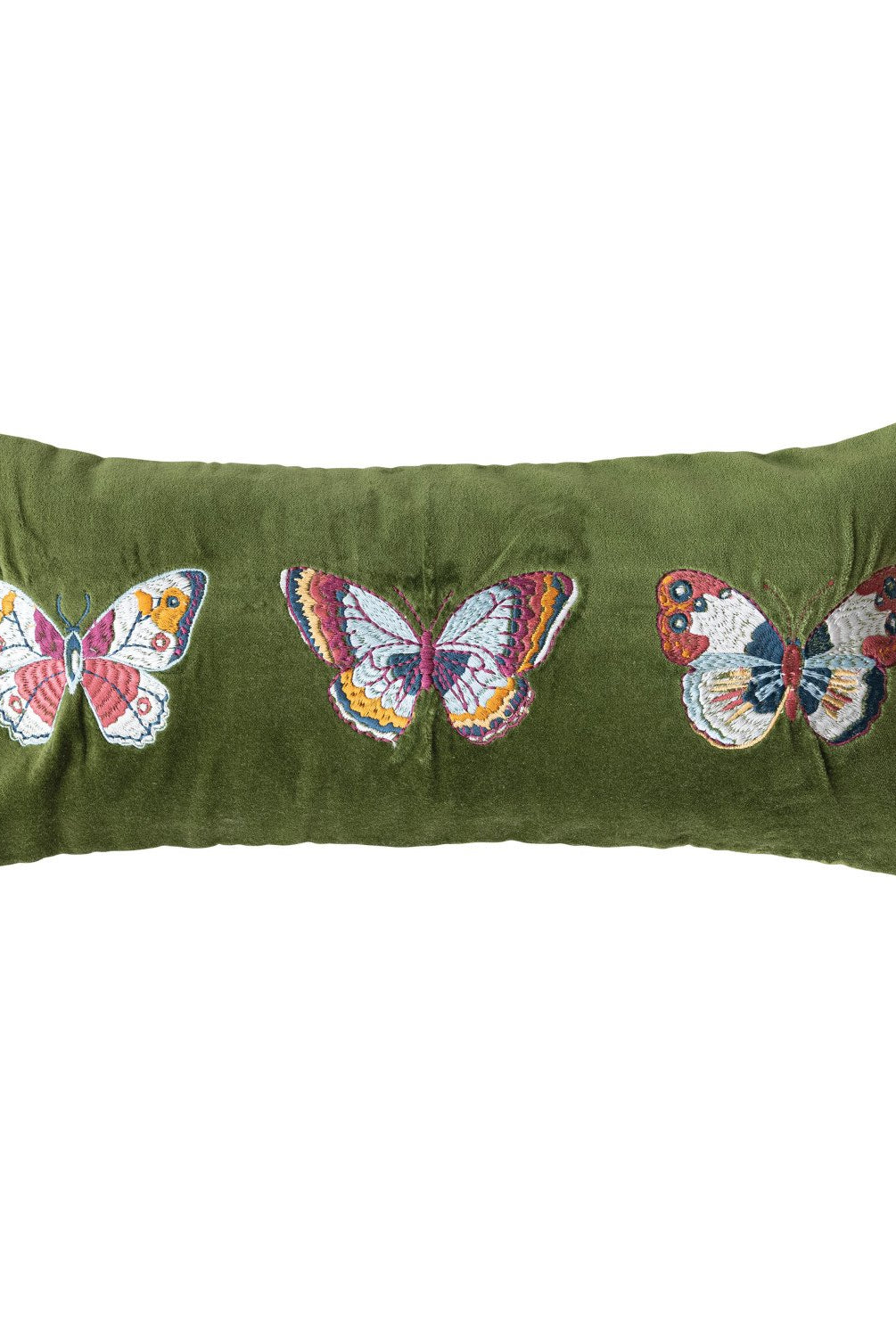 Cotton Velvet Lumbar Pillow with Embroidered Butterflies & Chambray Back