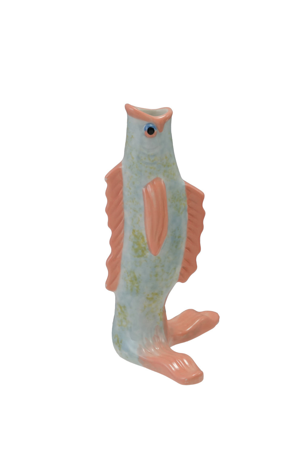 Hand-Painted Stoneware Vintage Reproduction Fish Shaped Vase, Orange Color, Blue & Green