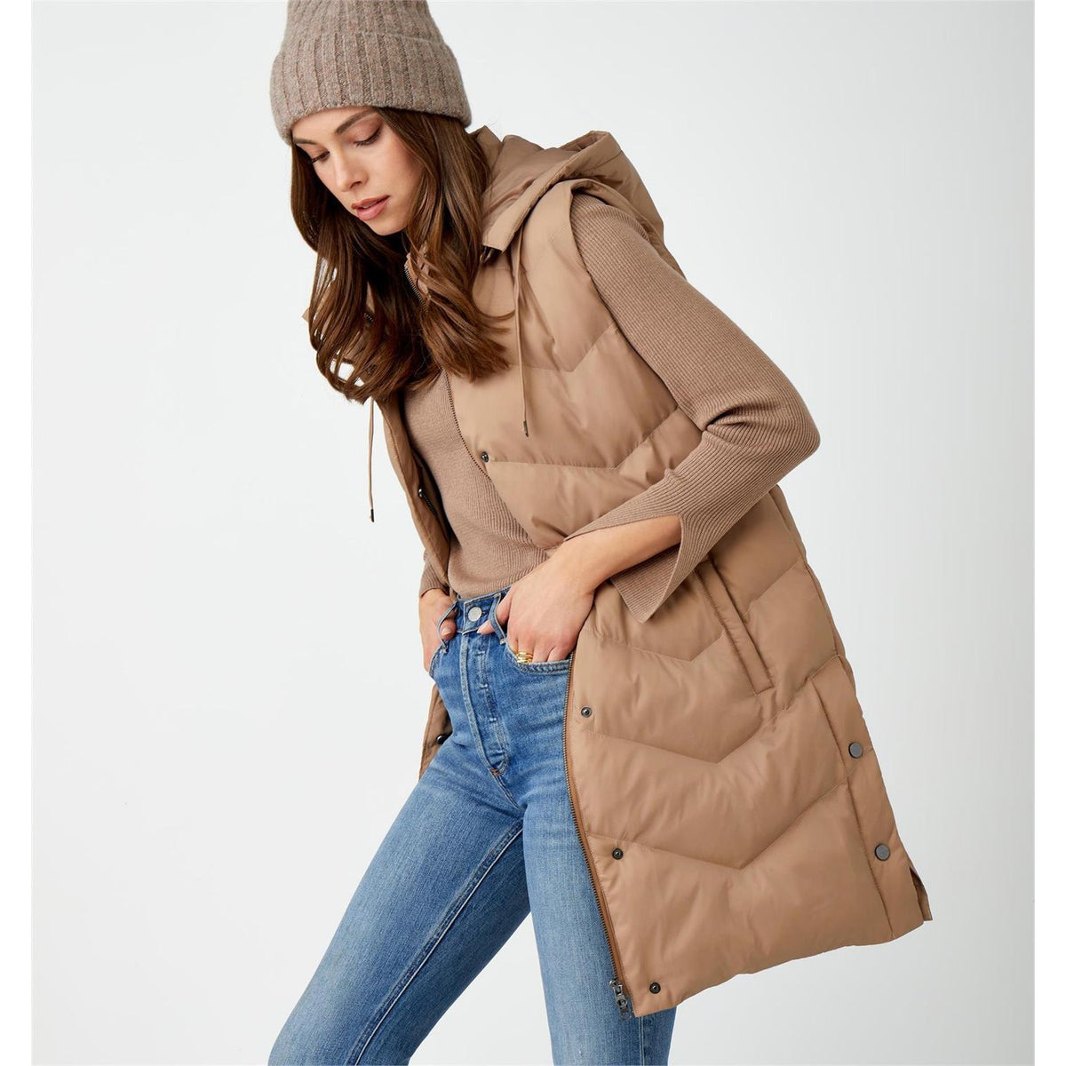 Long Puffer Vest, Taupe