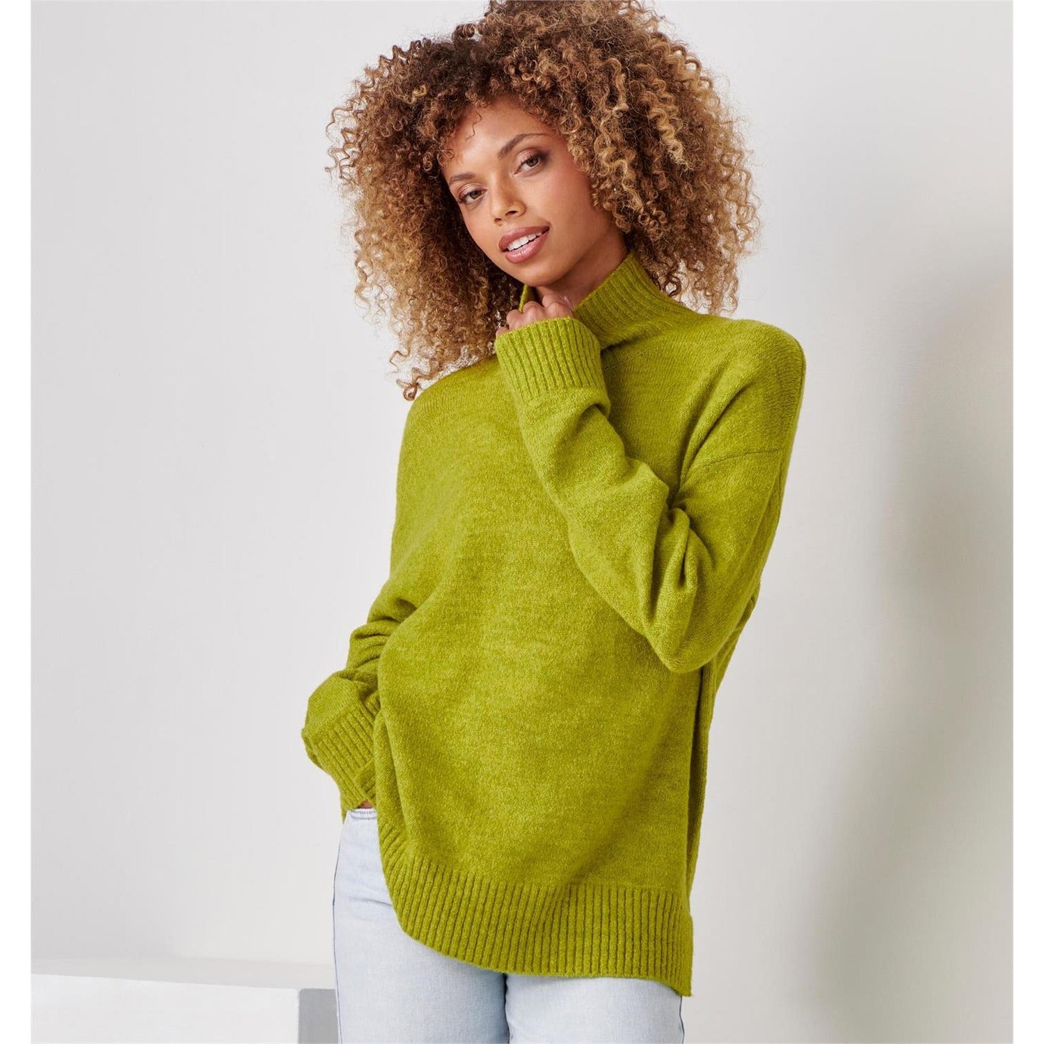 Cropped Mock Neck Sweater, Lime Green