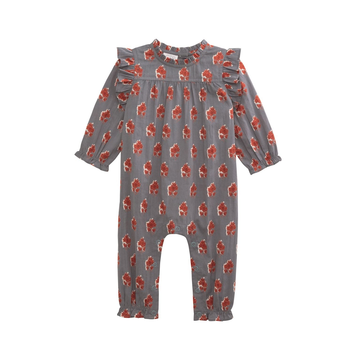 Gray long-sleeve baby romper with an orange floral print, ruffled shoulders, and snap closures along the legs.