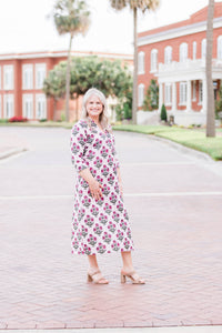 Pink Blooms Striped Caftan Dress 