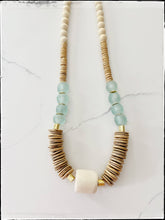 Load image into Gallery viewer, Tan, Blue &amp; White African Bone Bead Necklace Glass