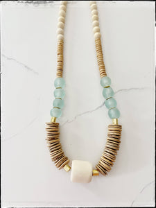 Tan, Blue & White African Bone Bead Necklace Glass