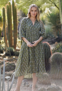 Olive Block Print Midi