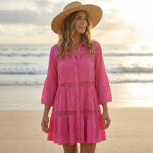 Load image into Gallery viewer, Button Front Lace Trim Beach Shirt Dress