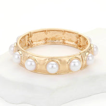 Load image into Gallery viewer, Bead Pearl Embellished Hammered Metal Stretch Bracelet