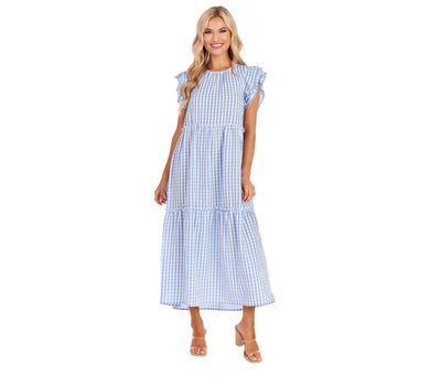 Blue Gingham Bardot Maxi