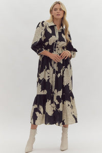 Black Floral Button Midi