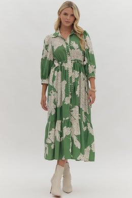 Green Floral Button Midi