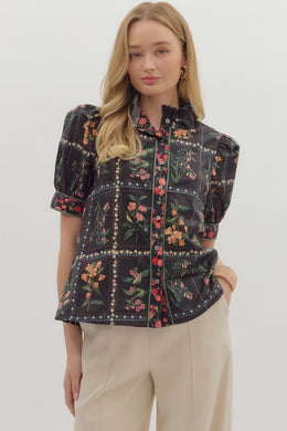 Black Block Floral Blouse