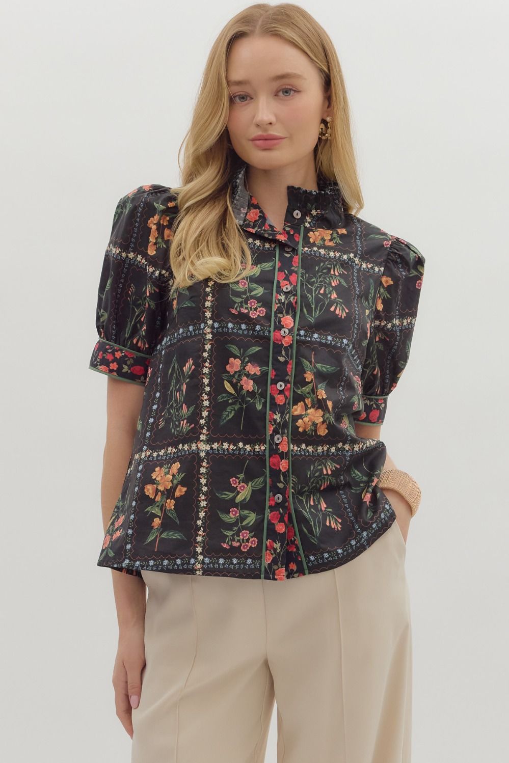 Black Block Floral Blouse