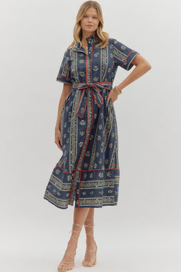 Navy Linear Floral Midi