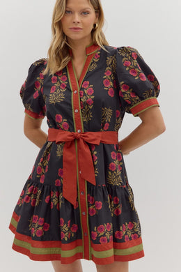 Black Floral Tie Waist Mini