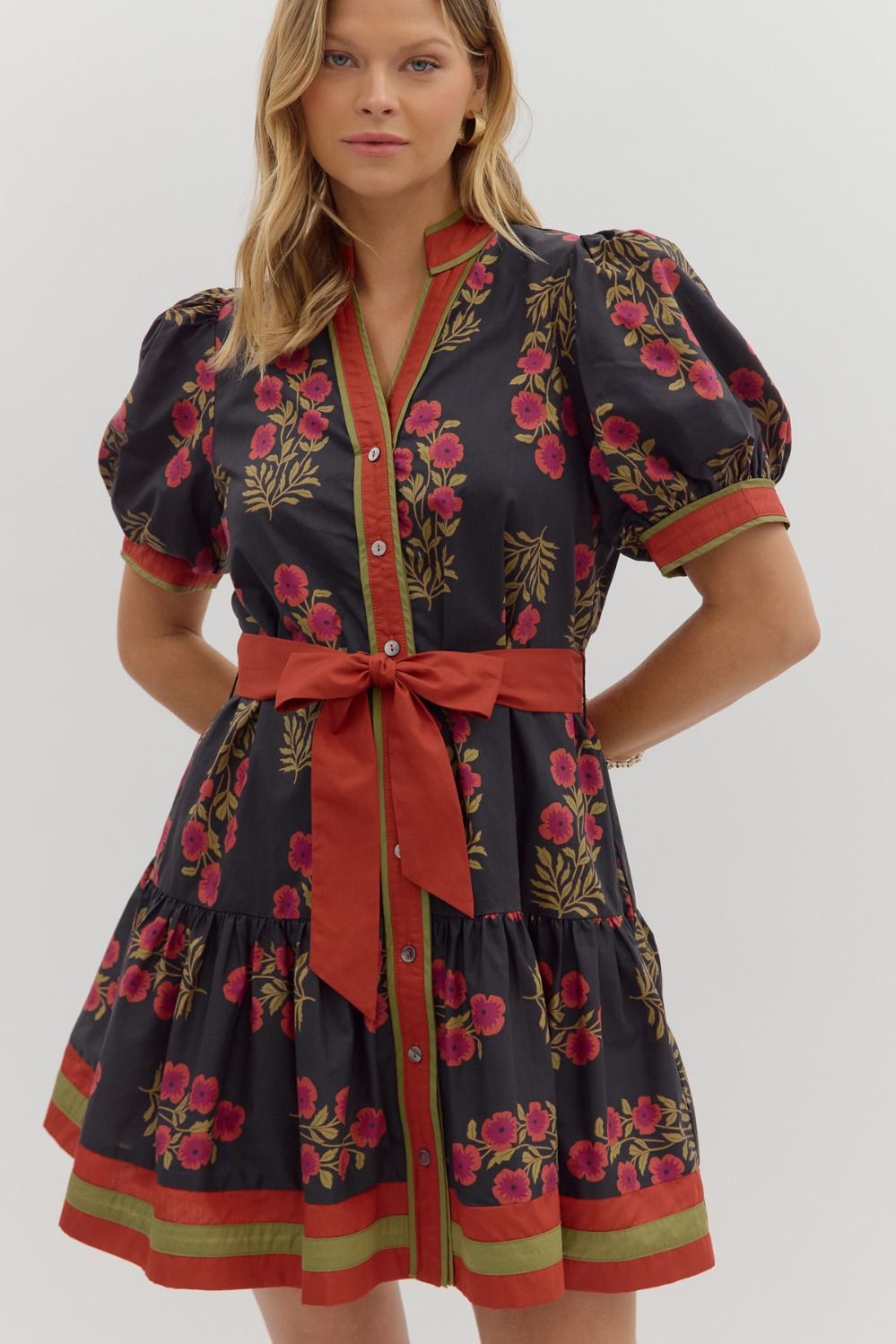 Black Floral Tie Waist Mini