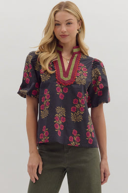 Black Floral Bubble Sleeve Top
