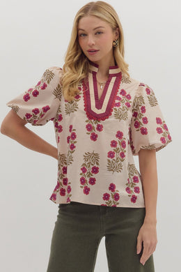 Ecru Floral Bubble Sleeve Top