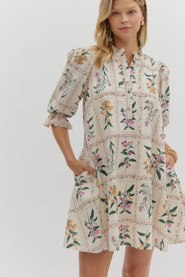 Ecru Block Floral Mini Dress
