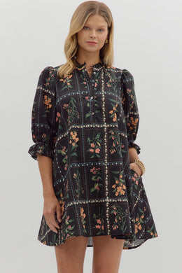 Black Block Floral Mini Dress