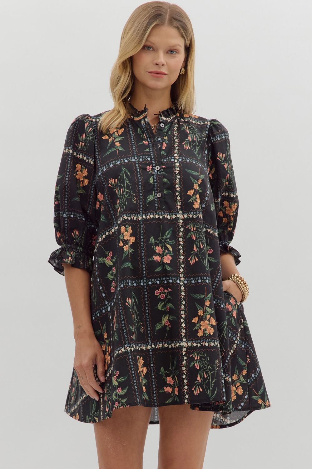 Black Block Floral Mini Dress
