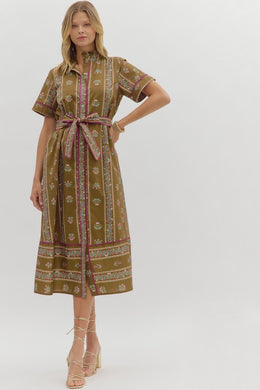 Brown Linear Floral Midi
