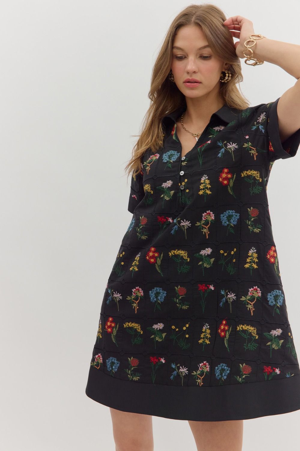 Black Botanical Collared Mini Dress