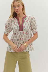 Cream Floral Puff Sleeve Blouse