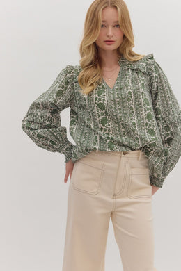 Olive Floral Long Sleeve Blouse