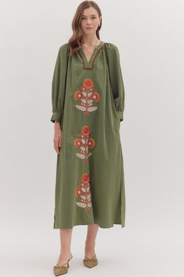 Olive Embroidered Floral Maxi