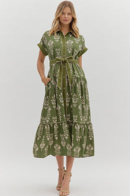Olive Botanical Collared Midi