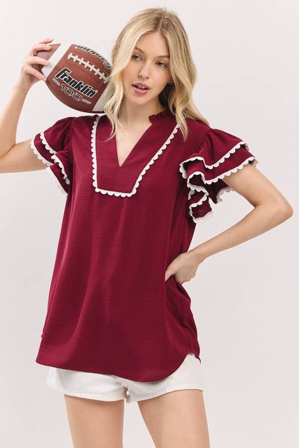 Maroon Gameday Ruffle Sleeve Top