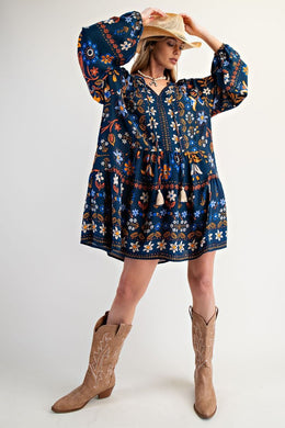 Navy Folklore Gauze Mini Dress