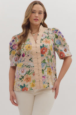 Natural Floral Short Sleeve Top