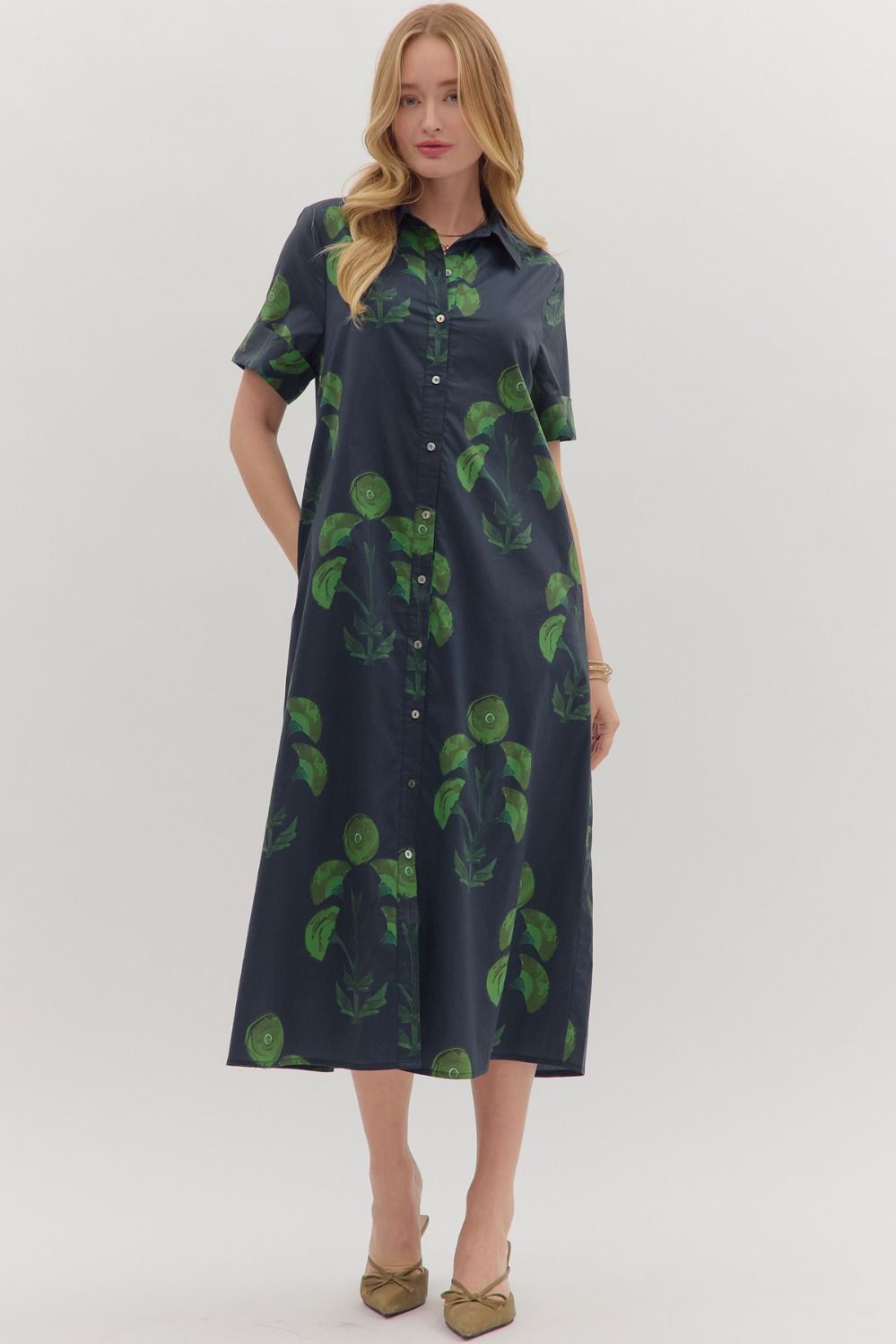 Navy Block Print Button Midi