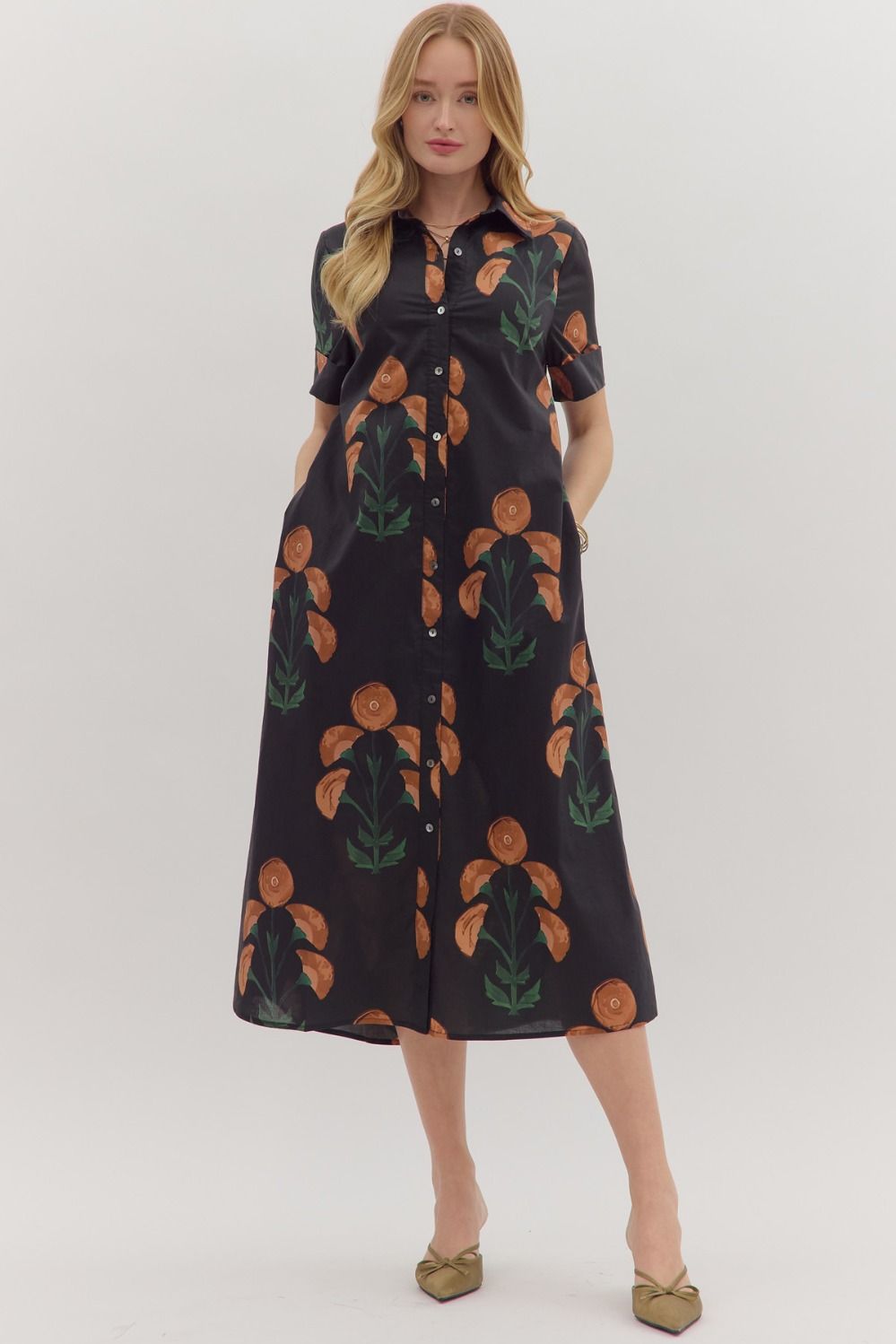 Black Block Print Button Midi