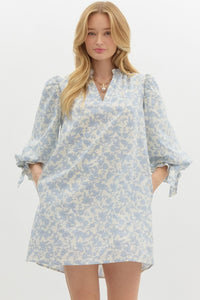 Blue Floral Ribbon Sleeve Mini Dress