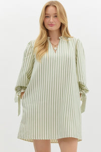 Sage Striped Ribbon Sleeve Mini Dress