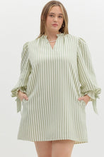 Load image into Gallery viewer, Sage Striped Ribbon Sleeve Mini Dress