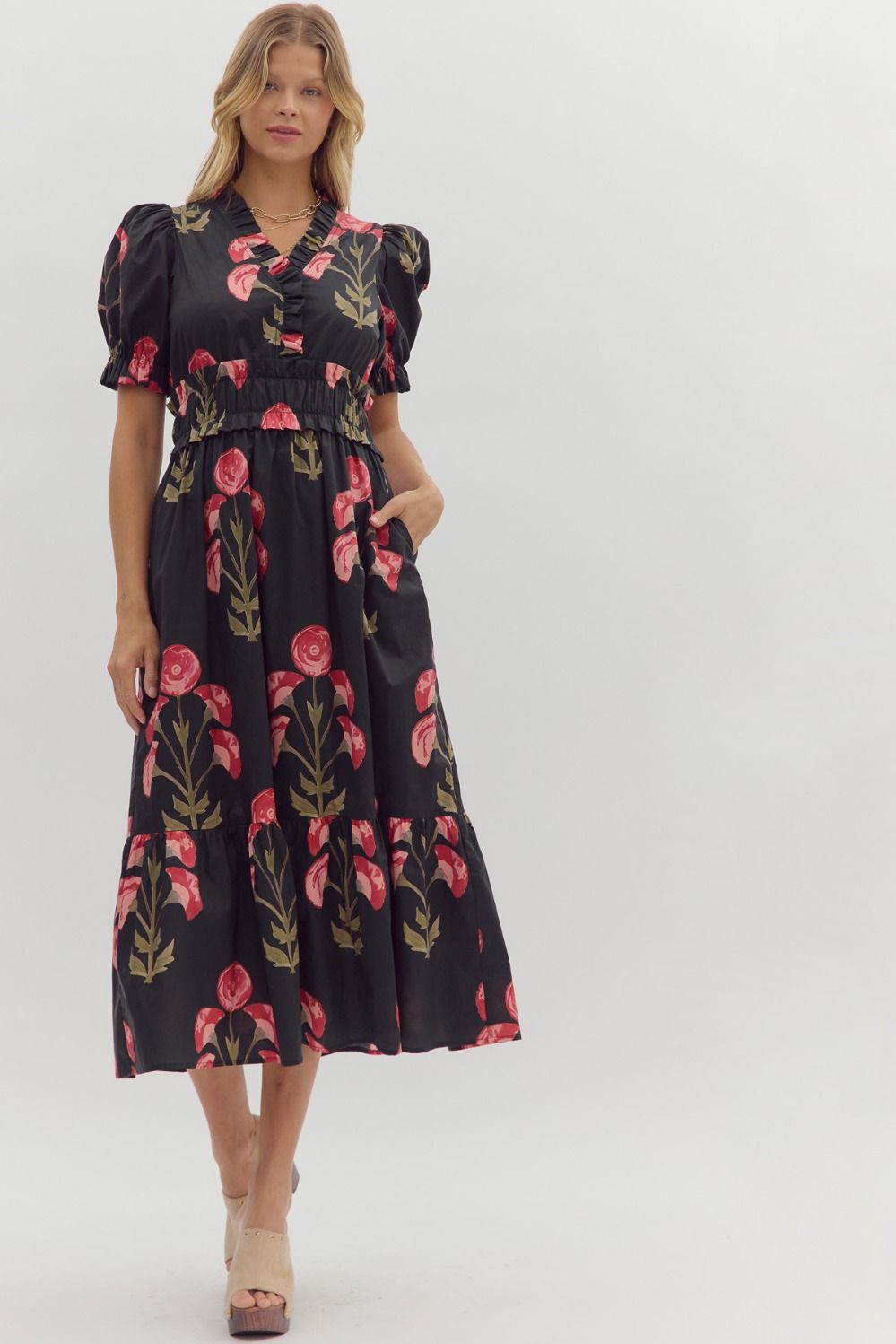 Black Block Floral Puff Sleeve Midi