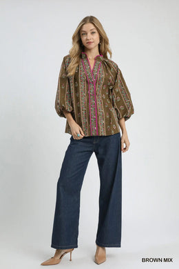 Brown Linear Floral Blouse