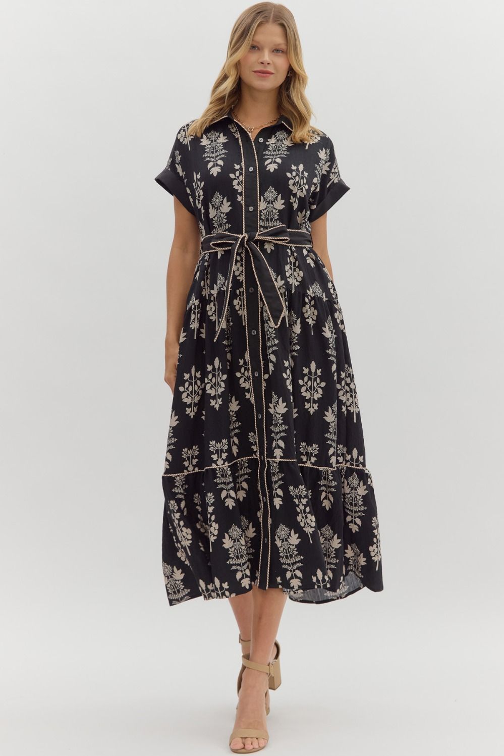 Black Botanical Collared Midi