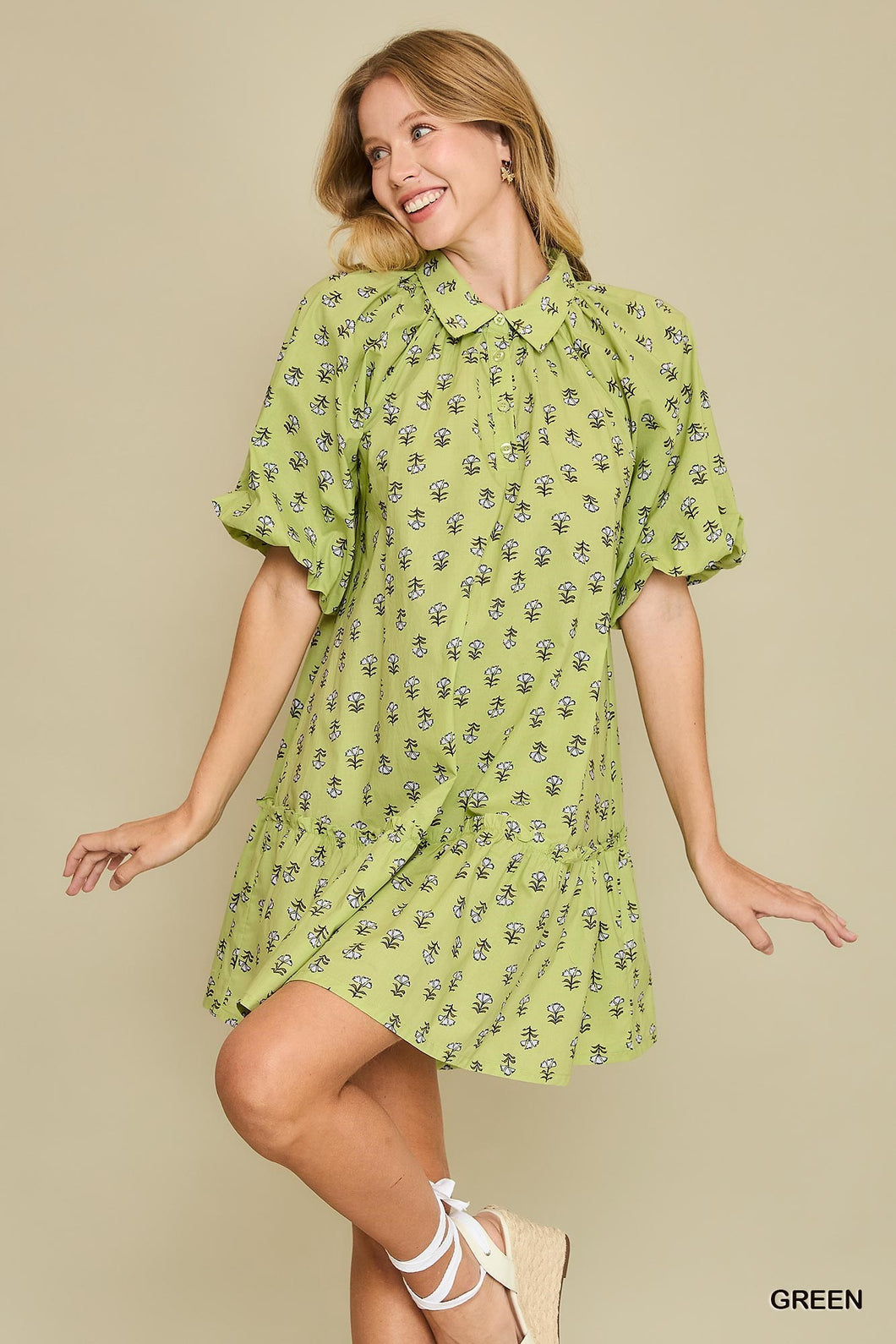 Green Floral Puff Sleeve Collared Dress