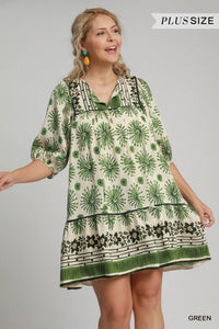 Green Sunburst Ruffle Hem Dress