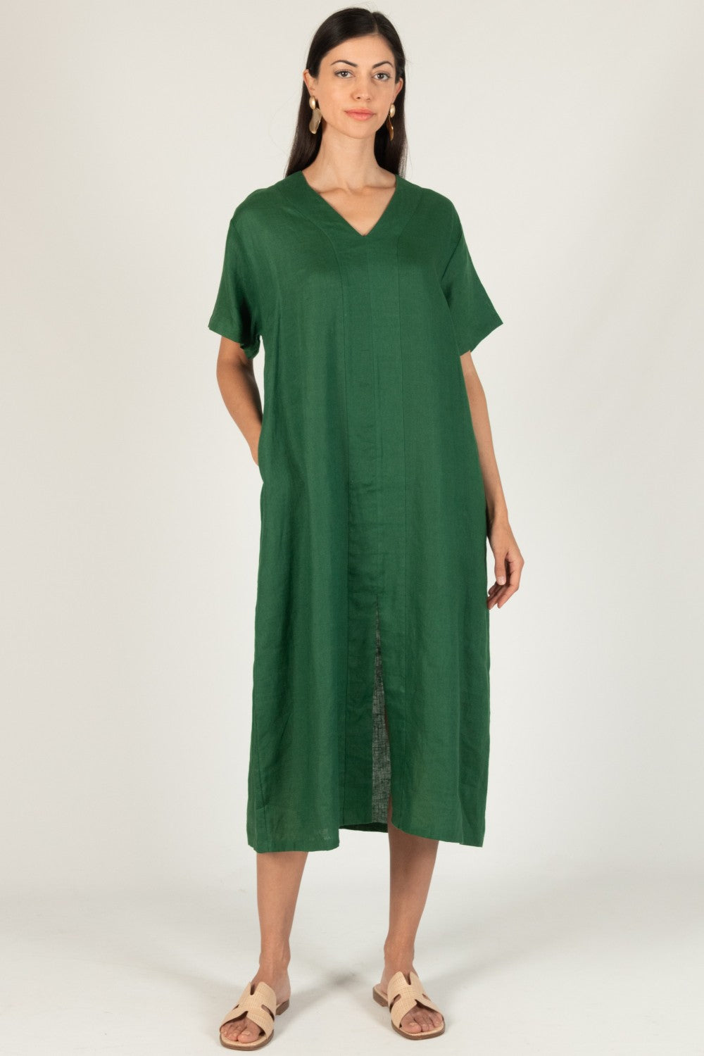 Emerald Linen Front Slit Dress